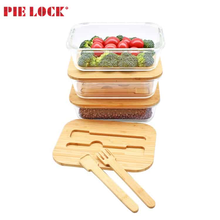 glass food container oven safe freezer storage with bamboo fork spoon lid
