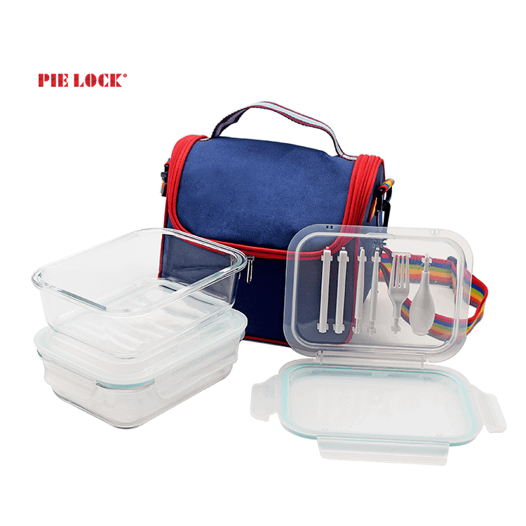 Glass Food Lunch Box with Spoon Fork Knife and Blue Handbag with Rainbow Strap