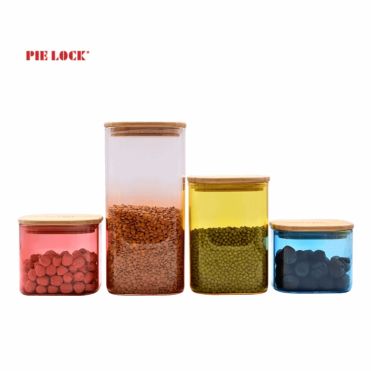 colorful squre glass food jar with bamboo wooden airtight lids