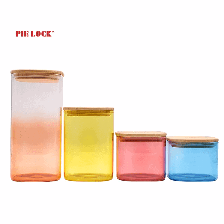 colorful squre glass food jar with bamboo wooden airtight lids
