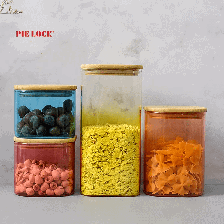 Colorful Squre Glass Food Jar With Bamboo Wooden Airtight Lids