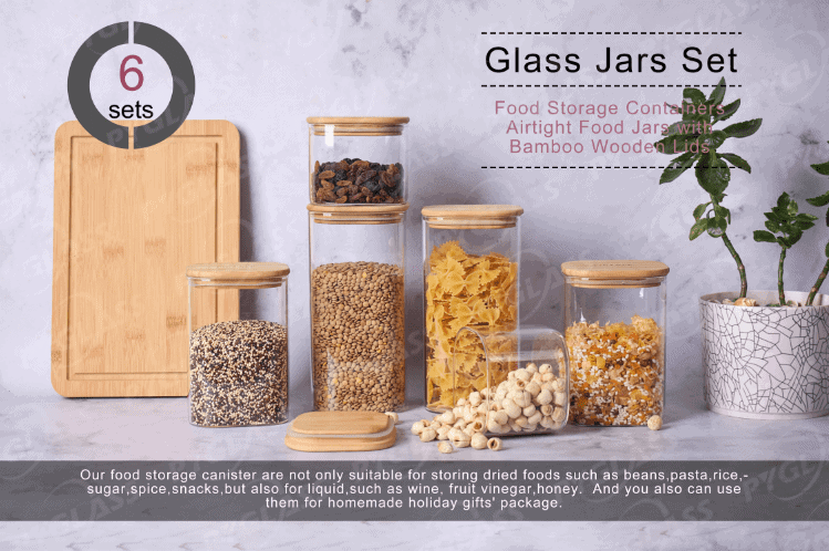square glass jars with lids wholesale 6 sets for flour, sugar, coffee, candy, snack bamboo jars glass 8