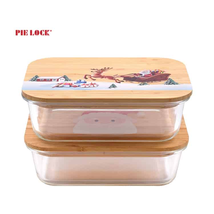 Rectangular High borosilicate glass container set with Christmas pattern bamboo  lid for gifts