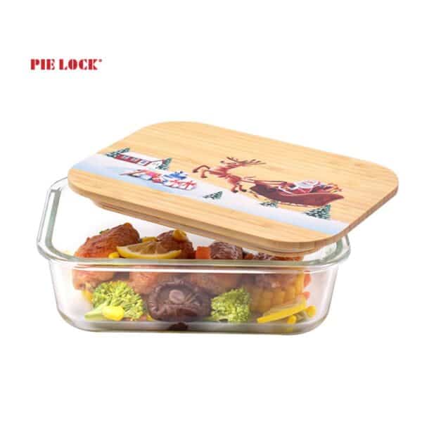 customized food containers rectangle high borosilicate glass food containers with printed with bamboo lids