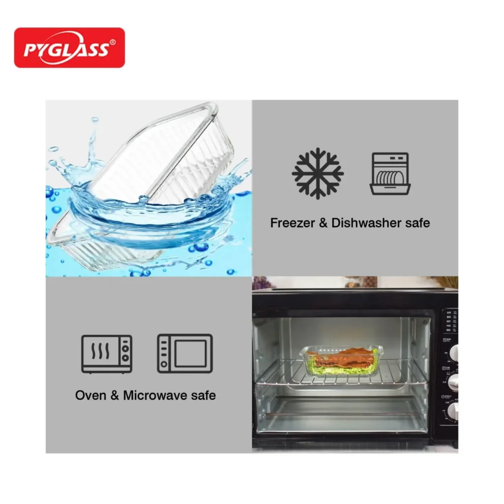 Pyglass baking dish with water splash and icon features indicating it's safe for freezer, dishwasher, oven, and microwave.
