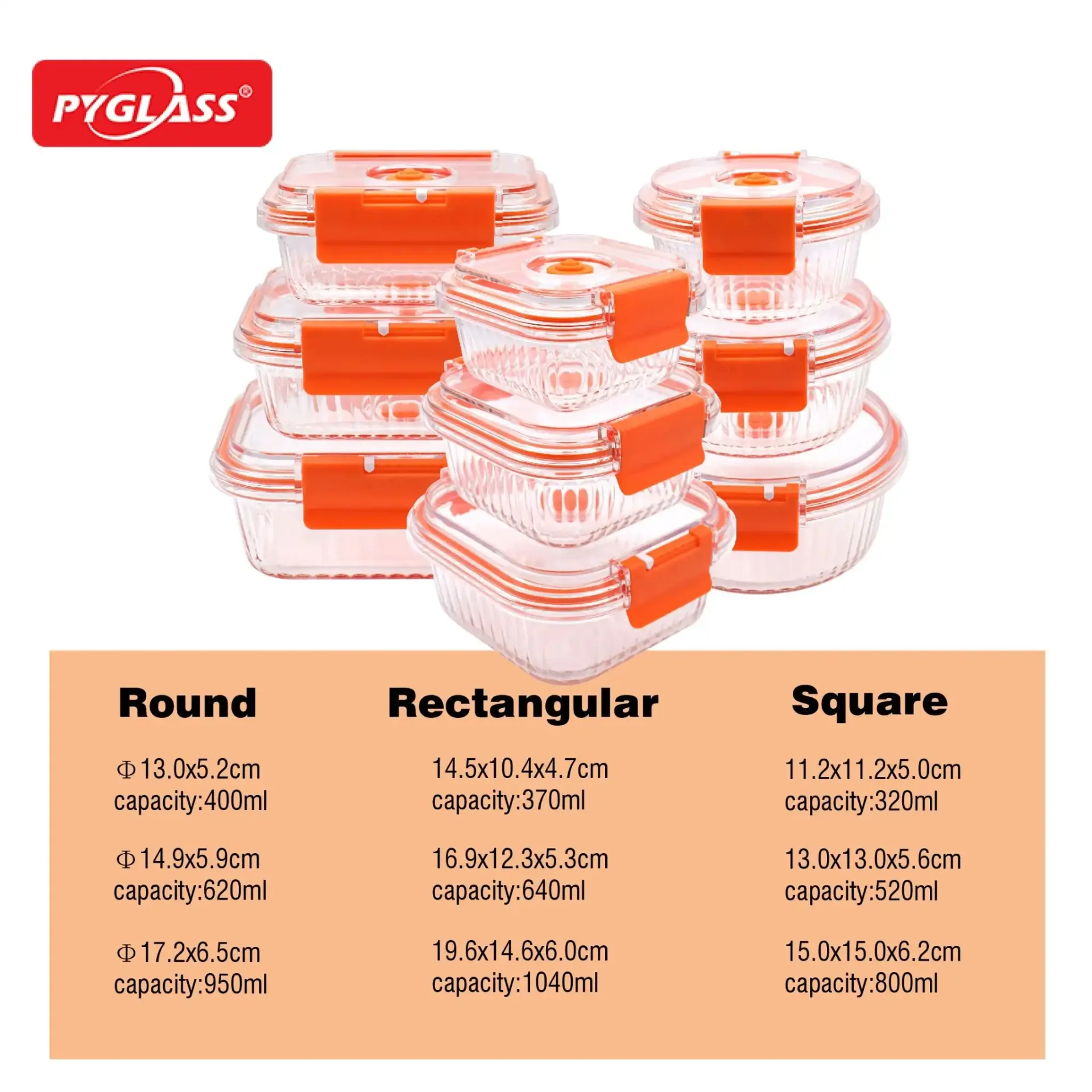 Pyglass brand food containers in round, rectangular, and square shapes with orange airtight lids. Various sizes and capacities are displayed.