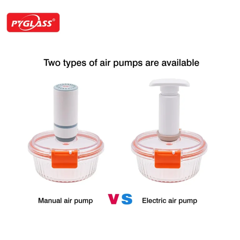 Two air pumps from PYGLASS: a manual and an electric one displayed side by side with an orange clip on transparent lids.