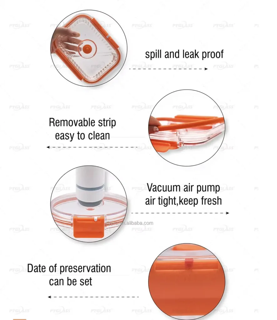 Diagram showcasing a vacuum food container with features including spill proof lid, removable strip, vacuum air pump, and date set section.