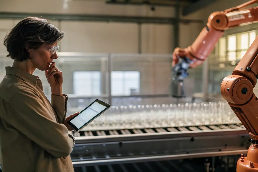 Quality control technician inspecting glassware for safety compliance