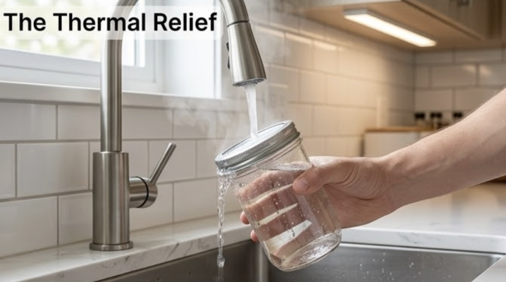 Hot water being poured over the lid of a glass jar