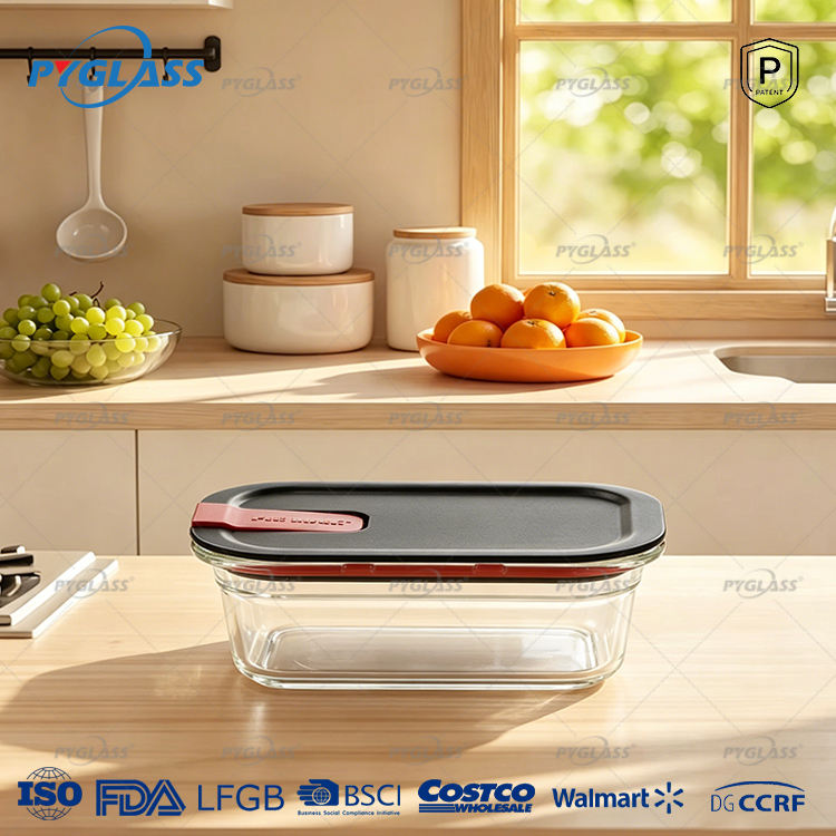 borosilicate glass food storage container | one click airtight lid | pyglass